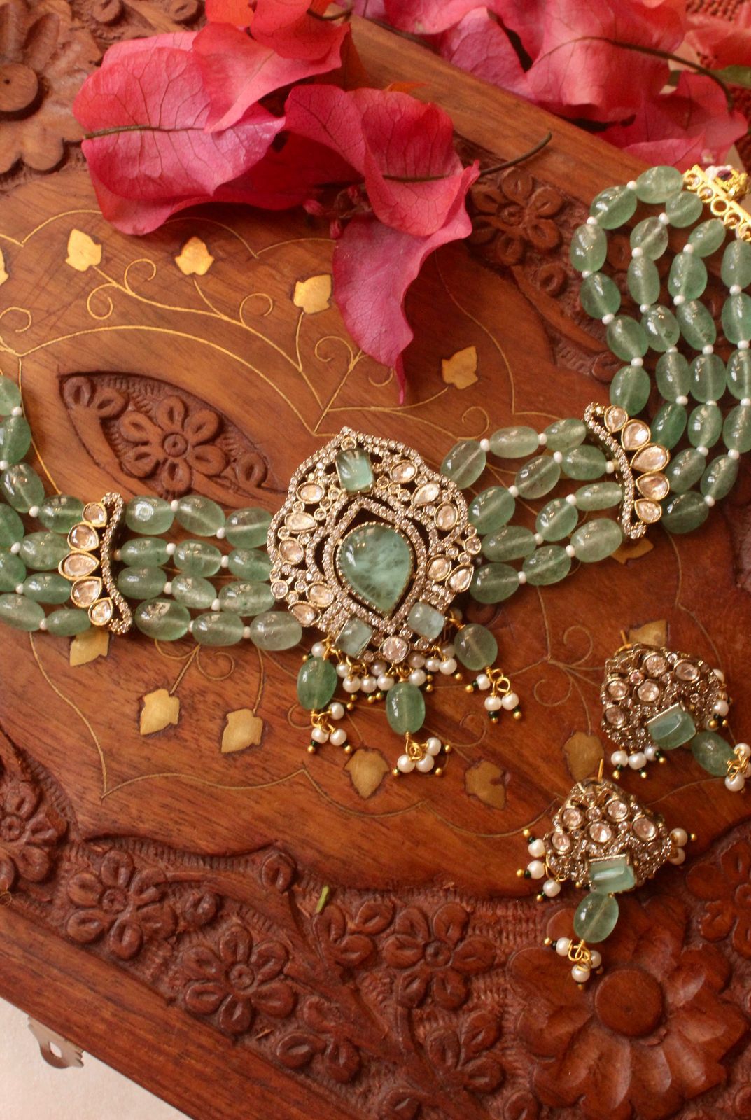 Beautiful Mint Green Stones with Polki Choker Set - Indian jewellery Melbourne